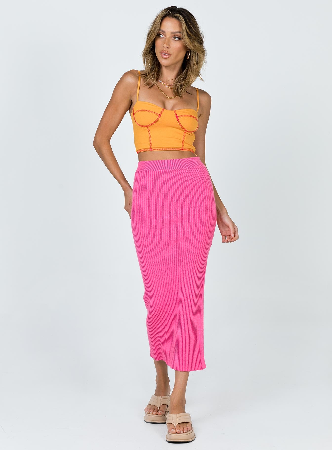   front view of model wearing Princess Polly Tanna Midi Skirt Pink 