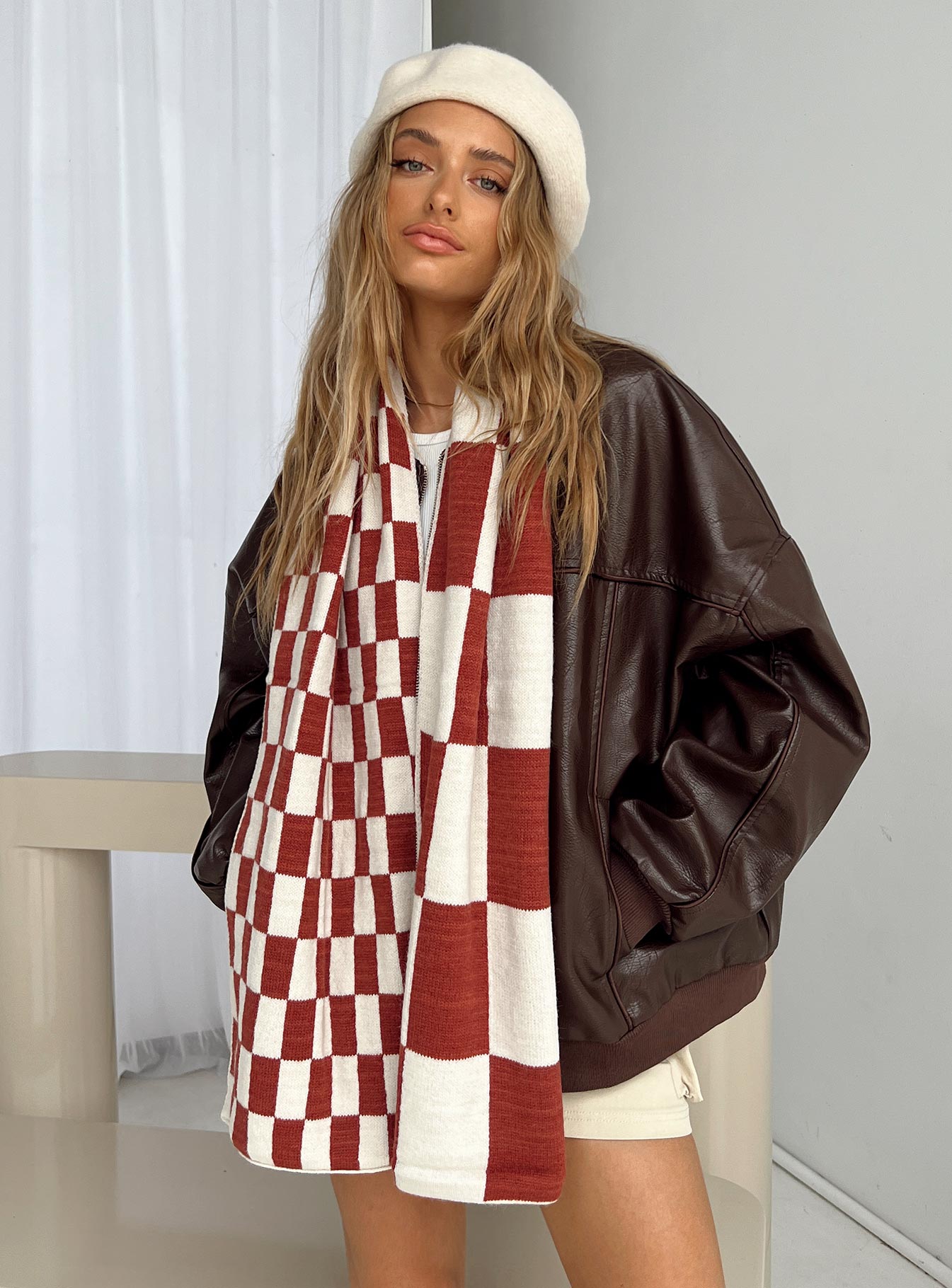 Scarf Soft knit material  Check print  Good stretch 