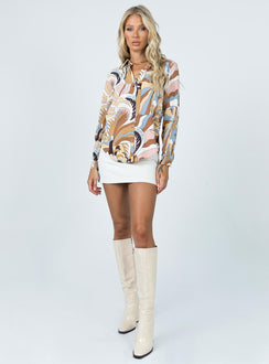 front view of model wearing Princess Polly Effie Shirt Brown Multi 