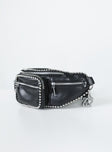 Crossbody belt bag  50% PU 20% polyester 20% iron  10% zinc  Faux leather material  Beaded trimming  Silver-toned hardware  Zip fastenings  External pockets  Adjustable buckle strap 