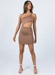 front view of model wearing Princess Polly Mia Asymmetrical Mini Dress Brown 