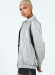 Grey bomber jacket Faux leather material Pointed collar Zip front fastening Twin hip pockets Elasticated waistband