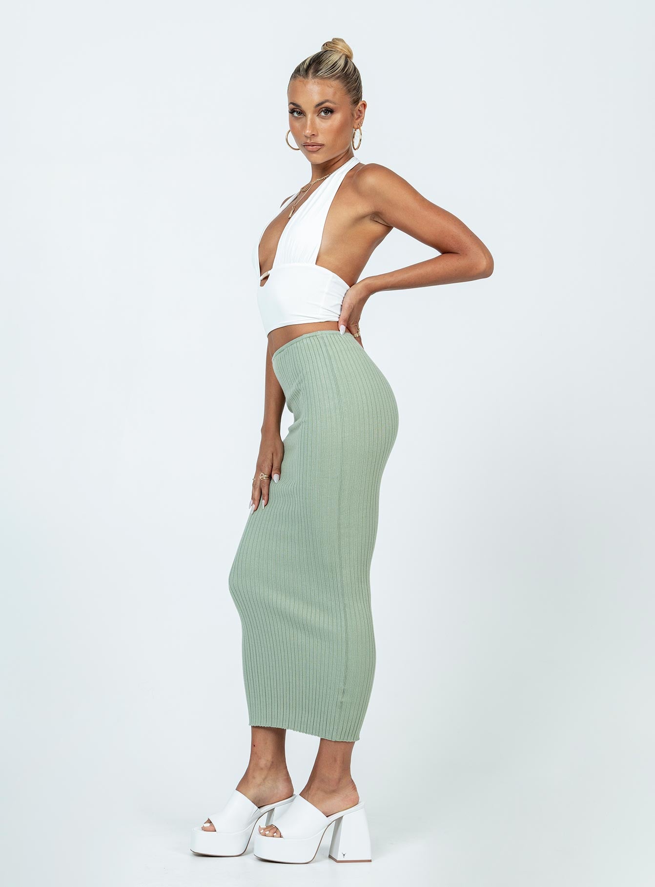 product Rosella Midi Skirt Khaki Princess Polly  Midi Skirts 