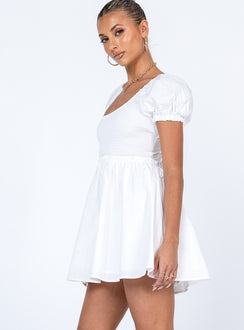 side view of model wearing Princess Polly Everyday Sunshine Mini Dress White Scoop Neck 