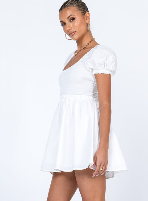 side view of model wearing Princess Polly Everyday Sunshine Mini Dress White Scoop Neck 