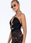 side view of model wearing Princess Polly Marlowe Bodysuit Black Sleeveless Plunger 