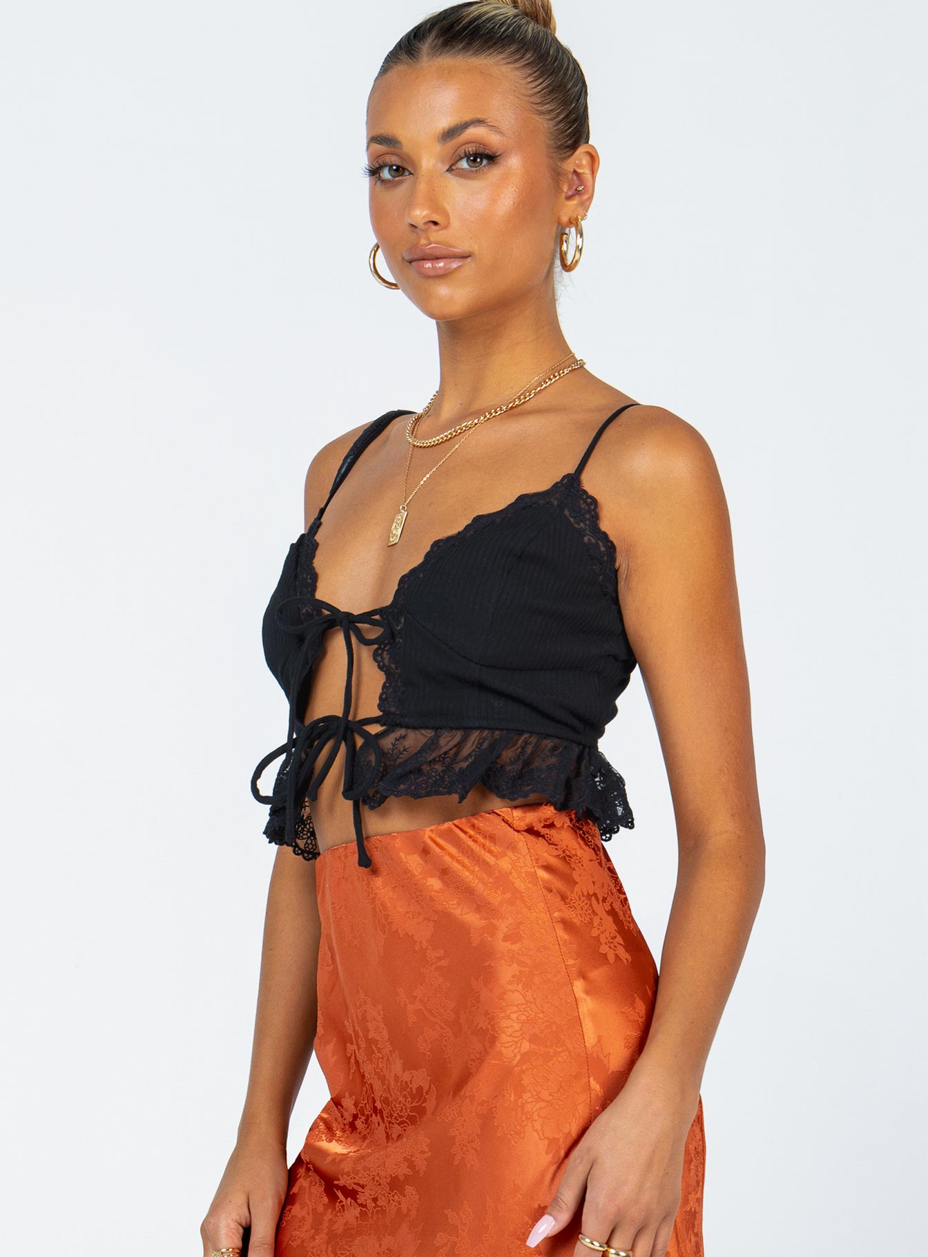 side view of model wearing Princess Polly Arie Top Black 