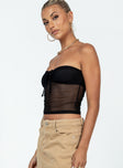 Strapless top Sheer mesh material Adjustable tie ruching at bust