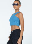 side view of model wearing Princess Polly Karli Top Blue Sleeveless Crew Neck 