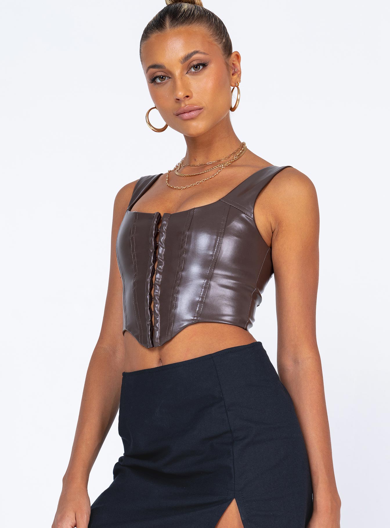 side view of model wearing Princess Polly Tatum Top Brown 