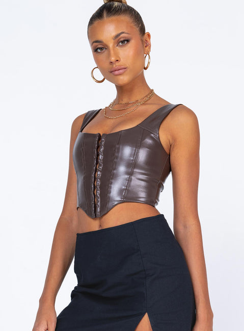 side view of model wearing Princess Polly Tatum Top Brown 