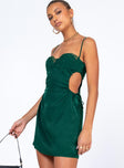 side view of model wearing Princess Polly Hazel Cut Out Mini Dress Forest Green 