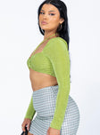 side view of model wearing Princess Polly Loriella Ring Detail Long Sleeve Top Green 