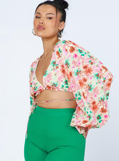 side view of model wearing Princess Polly Antonio Long Sleeve Top Pink Floral 