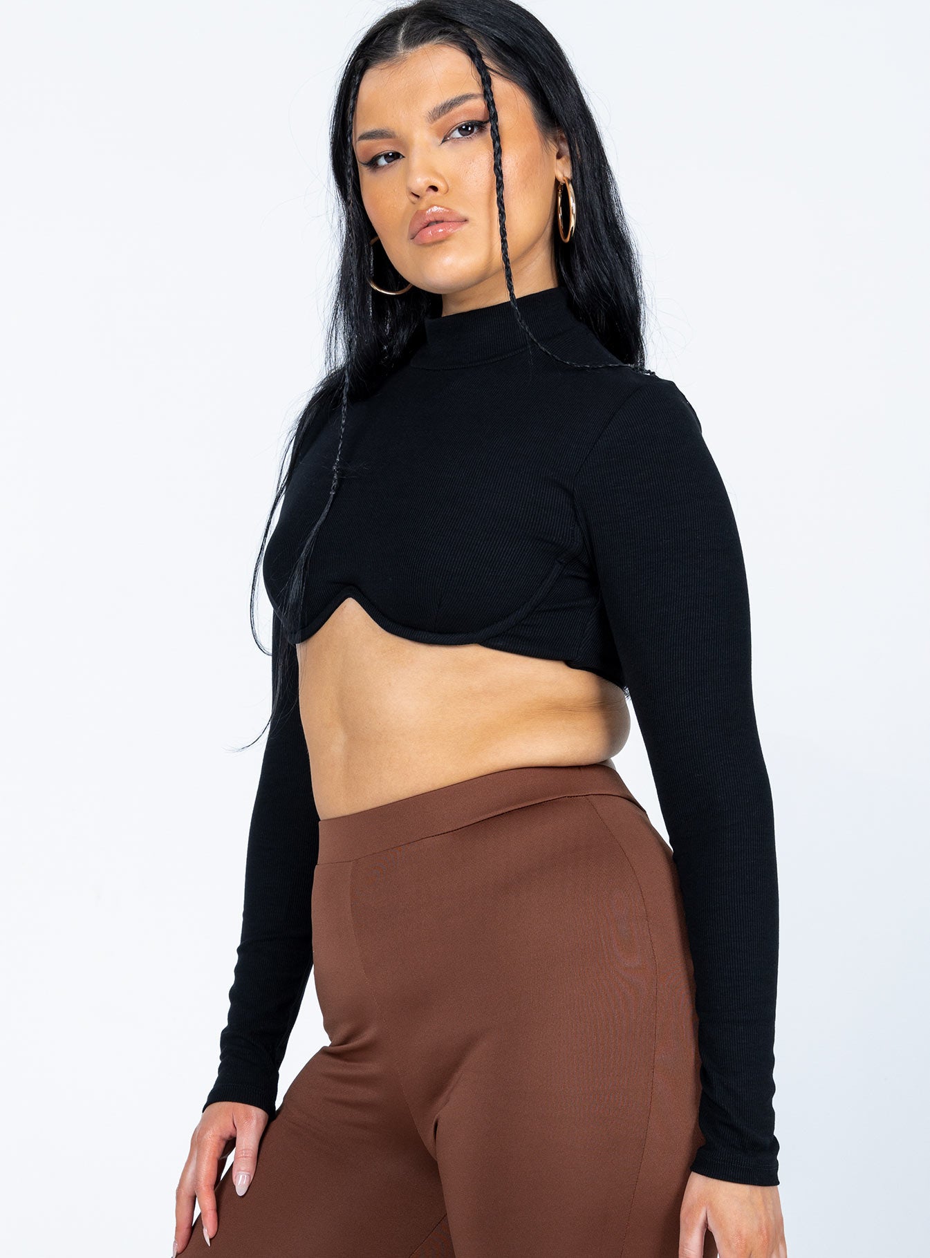 side view of model wearing Princess Polly Lorenzo Long Sleeve Top Black 