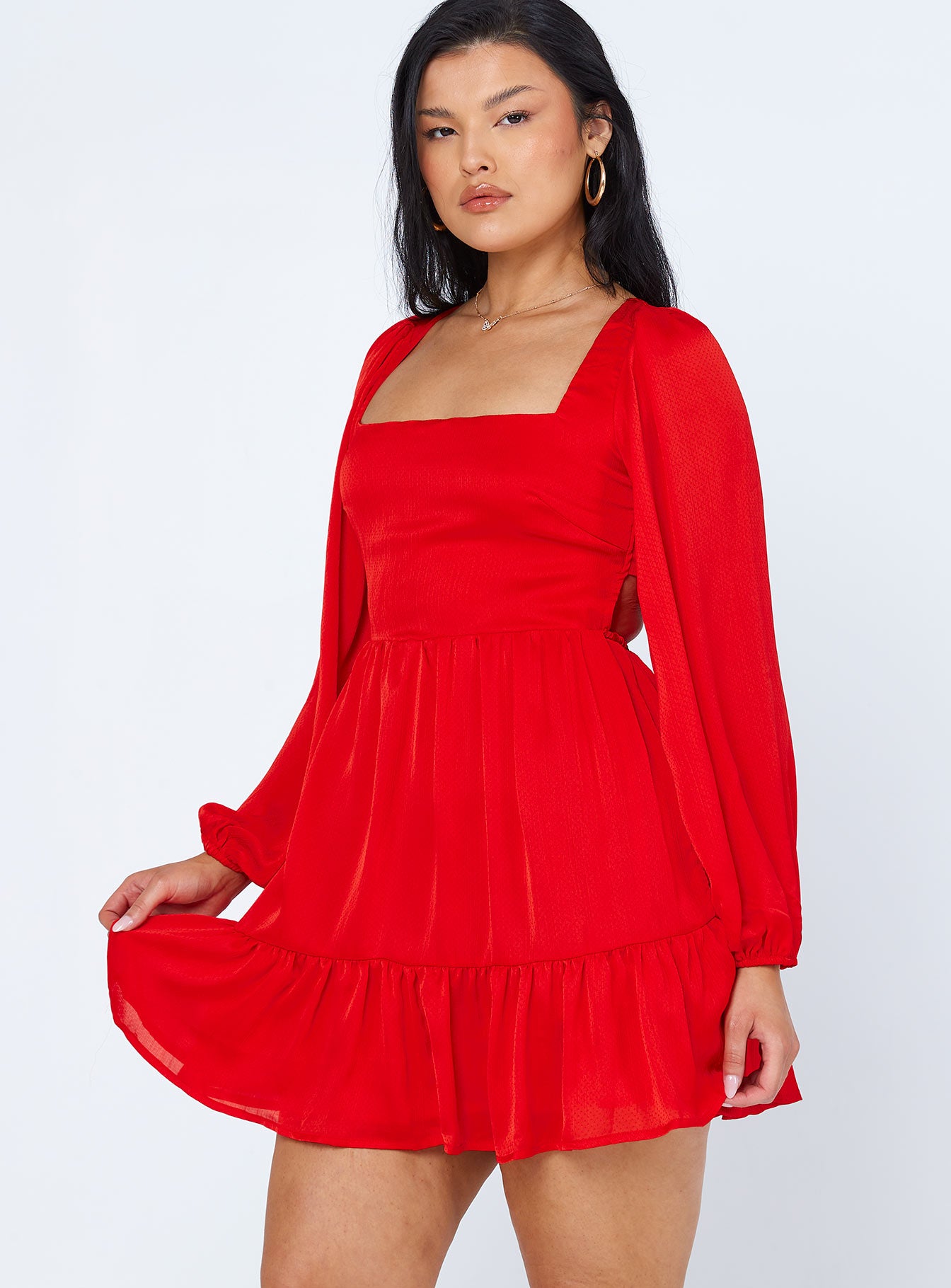 side view of model wearing Princess Polly Tropez Long Sleeve Mini Dress Red 