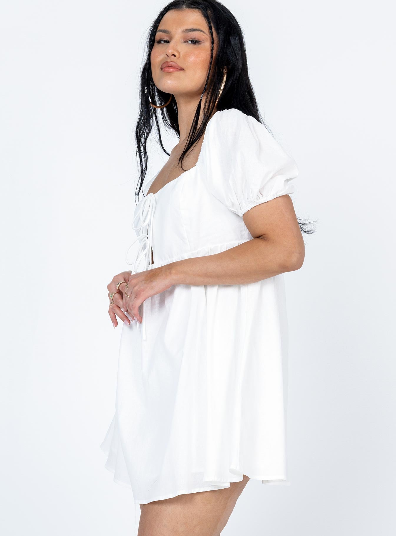 side view of model wearing Princess Polly Keyla Mini Dress White Square Neck 