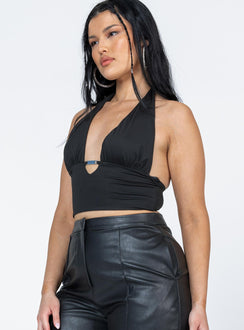 side view of model wearing Princess Polly Duke Top Black Sleeveless Plunger 