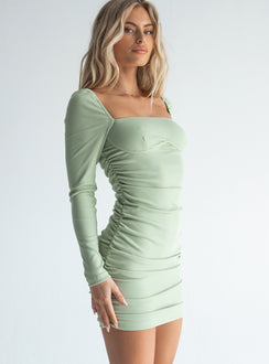 side view of model wearing Princess Polly Portia Mini Dress Sage 