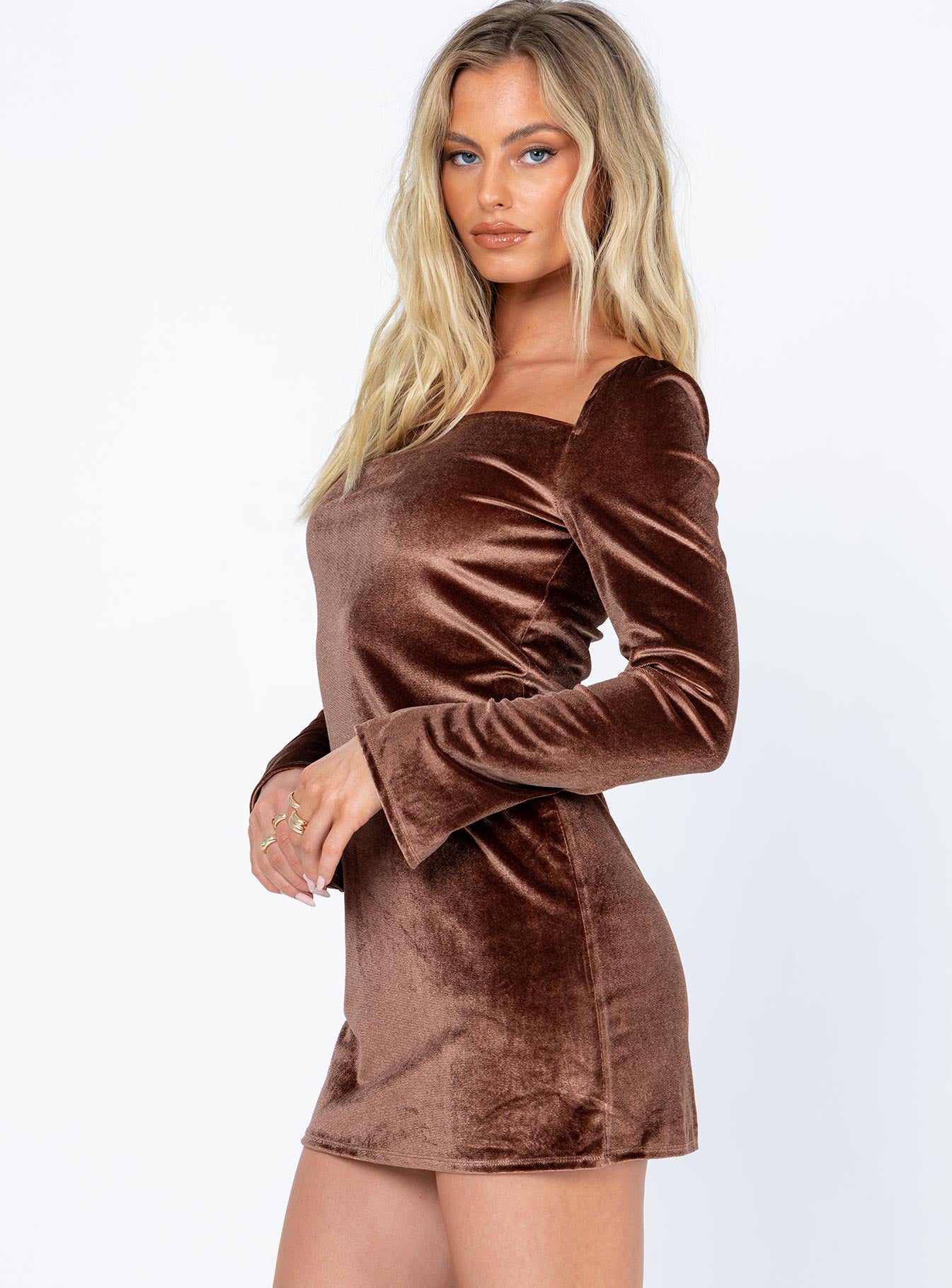 side view of model wearing Princess Polly Star Power Velvet Mini Dress Brown 
