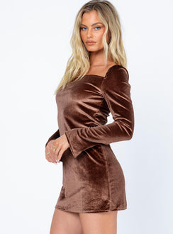 side view of model wearing Princess Polly Star Power Velvet Mini Dress Brown 
