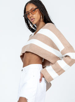 Benson Cropped Sweater Beige/White Princess Polly  Cropped 