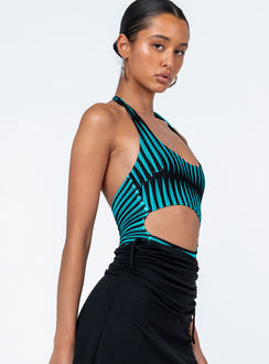 side view of model wearing Princess Polly Denair Bodysuit Blue / Black Sleeveless Scoop Neck 