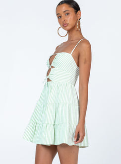 side view of model wearing Princess Polly Rise Up Mini Dress Green Square Neck 