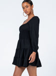 side view of model wearing Princess Polly Devante Mini Dress Black Square Neck 