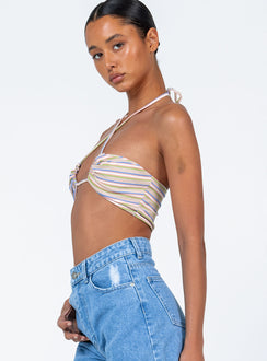 side view of model wearing Princess Polly Zoie Top Beige Stripe Sleeveless Plunger 