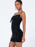 side view of model wearing Princess Polly Loren Mini Dress Black Eco Scoop Neck 