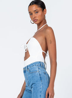 side view of model wearing Princess Polly Ellamay Bodysuit White Sleeveless Asymmetric Neckline 
