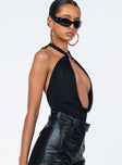 side view of model wearing Princess Polly Elverta Bodysuit Black Sleeveless Plunger 