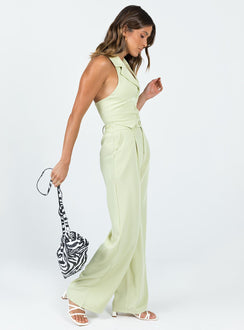 Green matching set High waisted pants  Zip & button fastening  Elasticated back band  Belt looped waist  Twin hip pockets Wide leg  Vest top  Lapel collar  Button front fastening 