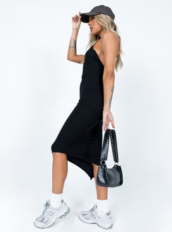 side view of model wearing Princess Polly Deme Maxi Dress Black Scoop Neck 
