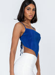 side view of model wearing Princess Polly Julia Plisse Top Blue Sleeveless Square Neck 