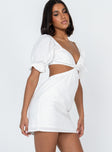 side view of model wearing Princess Polly Shantel Mini Dress White V-Neck 