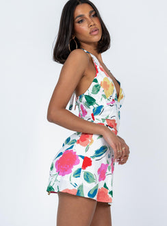 side view of model wearing Princess Polly Elaine Mini Dress White Floral V-Neck 