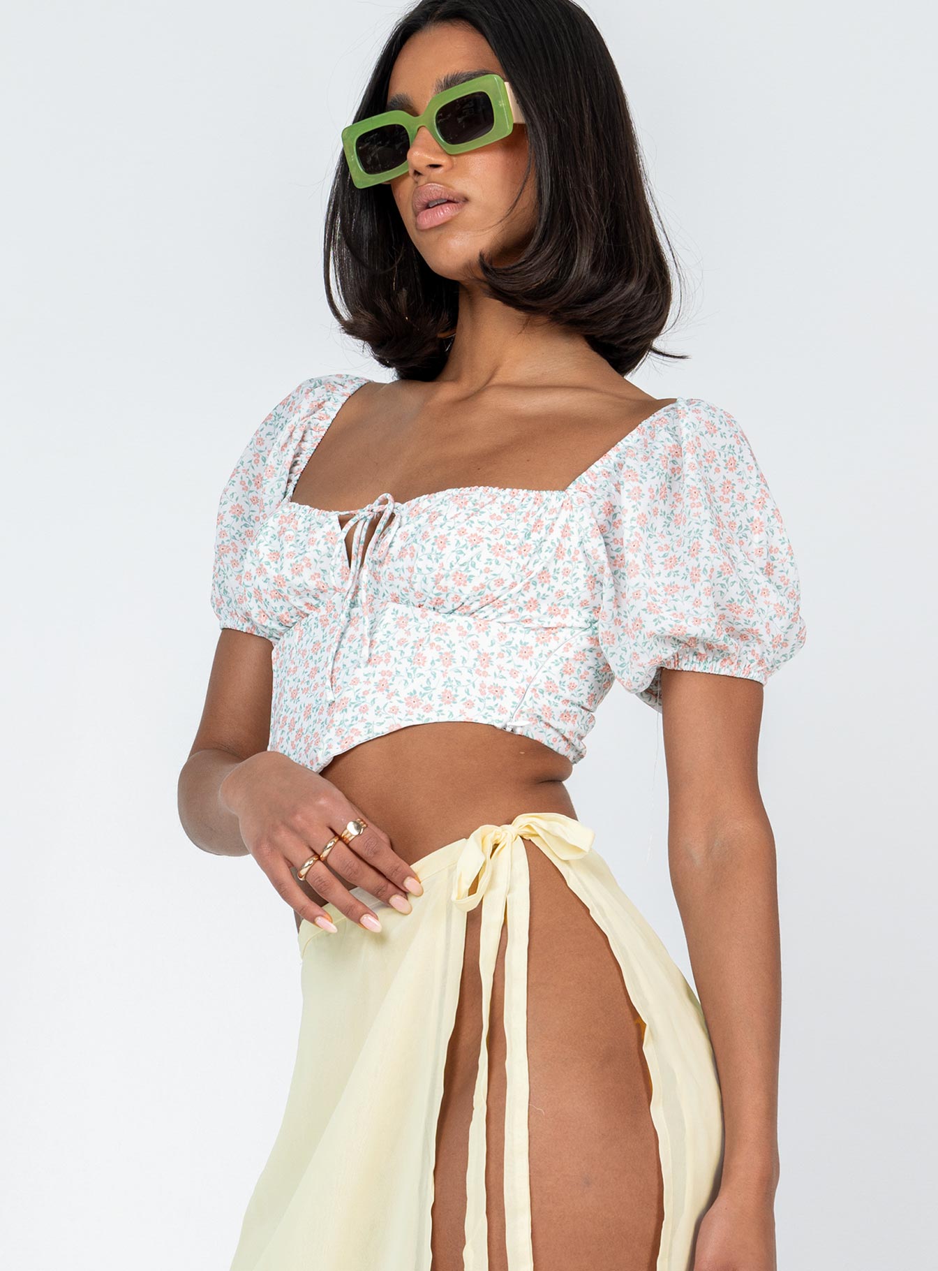 side view of model wearing Princess Polly Bellfield Top White Short Sleeves Square Neck 