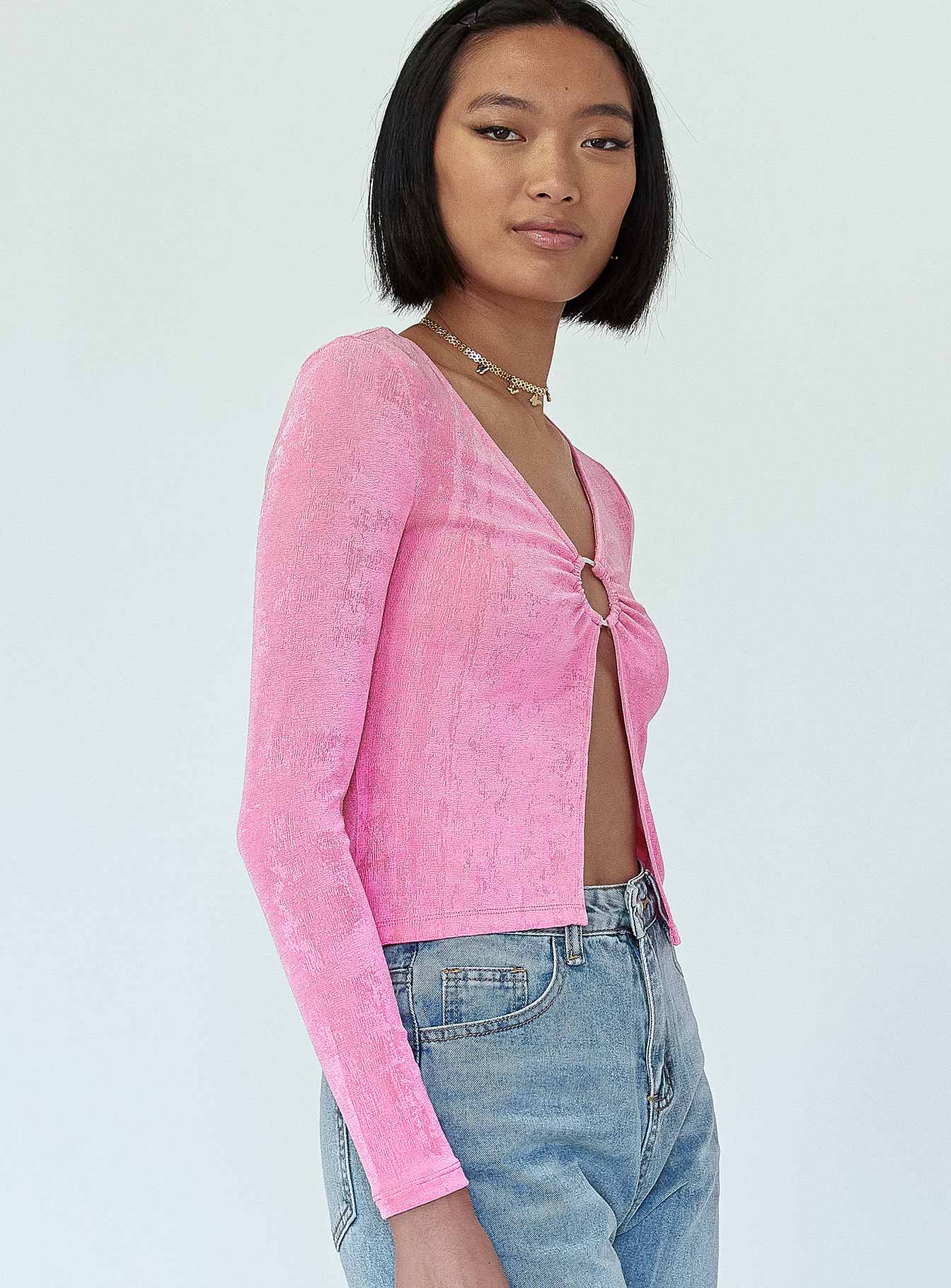 side view of model wearing Princess Polly Ember Ring Detail Top Pink 