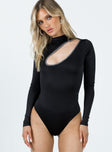 front view of model wearing Princess Polly Belli Cut Out Bodysuit Black Full Sleeves High Neck 