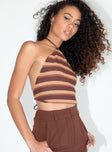 side view of model wearing Princess Polly Motel Groci Top Multi Stripe Brown 