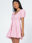 side view of model wearing Princess Polly Luna Love Mini Dress Pink Gingham 