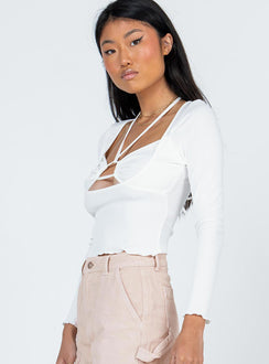 side view of model wearing Princess Polly Ramiro Long Sleeve Top White 