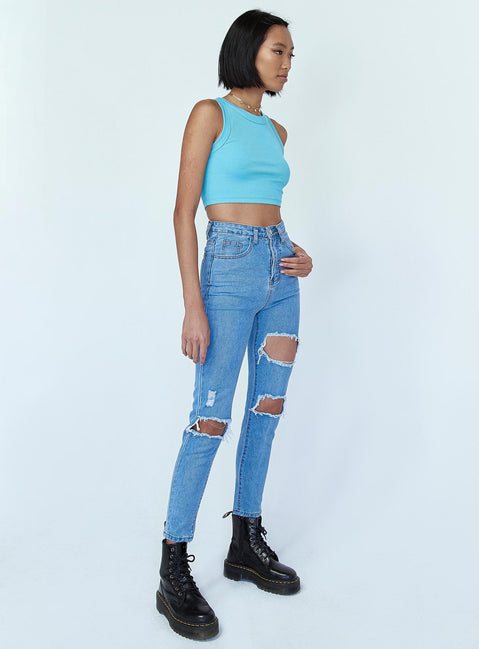 side view of model wearing Princess Polly Lilla Distressed Straight Leg Denim Jeans High Waisted 