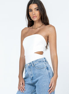 side view of model wearing Princess Polly Alaska Strapless Bodysuit White Sleeveless straight 
