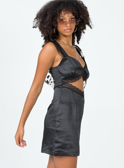 side view of model wearing Princess Polly Keeley Lace Satin Dress Black V-Neck 