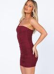 side view of model wearing Princess Polly Jocasta Mini Dress Burgundy Asymmetric Neckline 