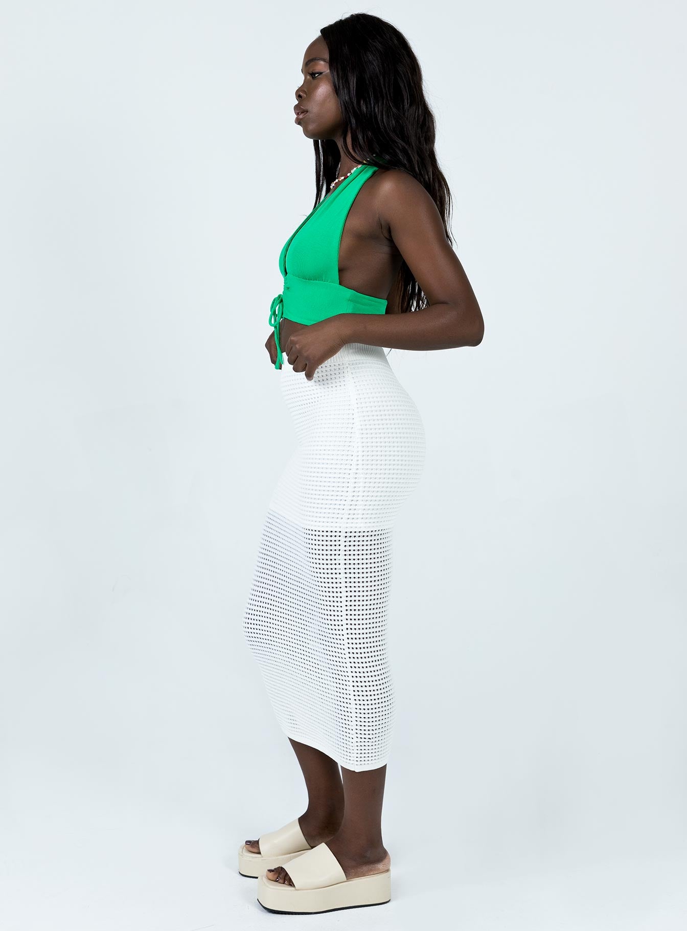  side view of model wearing Princess Polly Melika Midi Skirt White Midi Skirts 