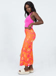   side view of model wearing Princess Polly Zonya Mesh Floral Maxi Skirt Orange 